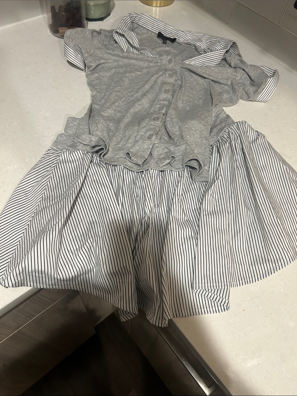 Girls' Grey Stripe Layered Dress with Collar